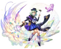 A girl with chin-length light green hair, wearing a blue and purple shirt dress and a short blue and purple cape, and a top hat, carrying a pair of old fashioned binoculars on a stick, crystalline formations in back of her and a small pink creature resembling a cat nearby 